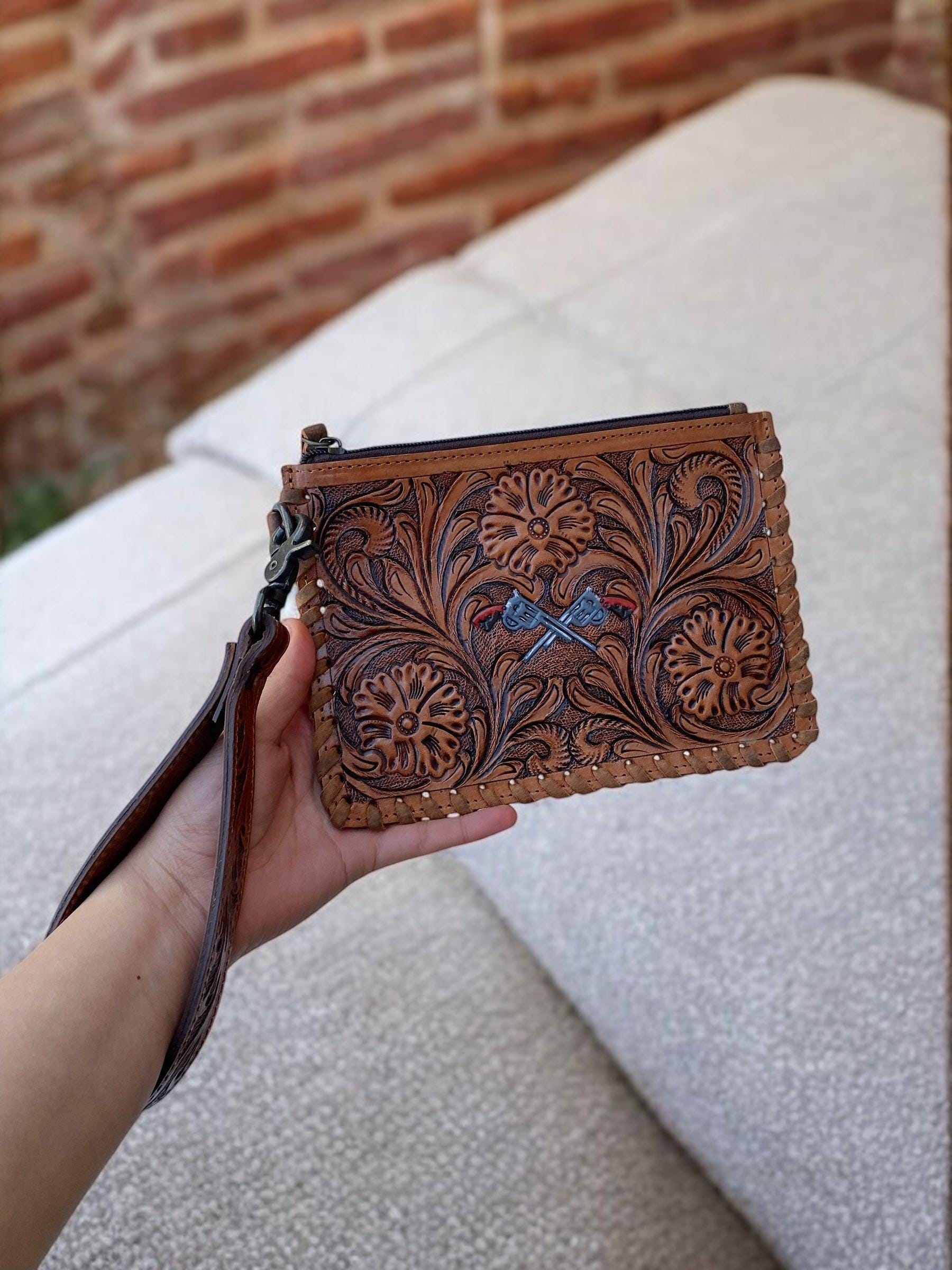 Cards Tooled Leather Wristlet - Handcrafted Luxury