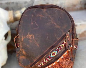 Vintage Leather Backpack Beaded & Tooled