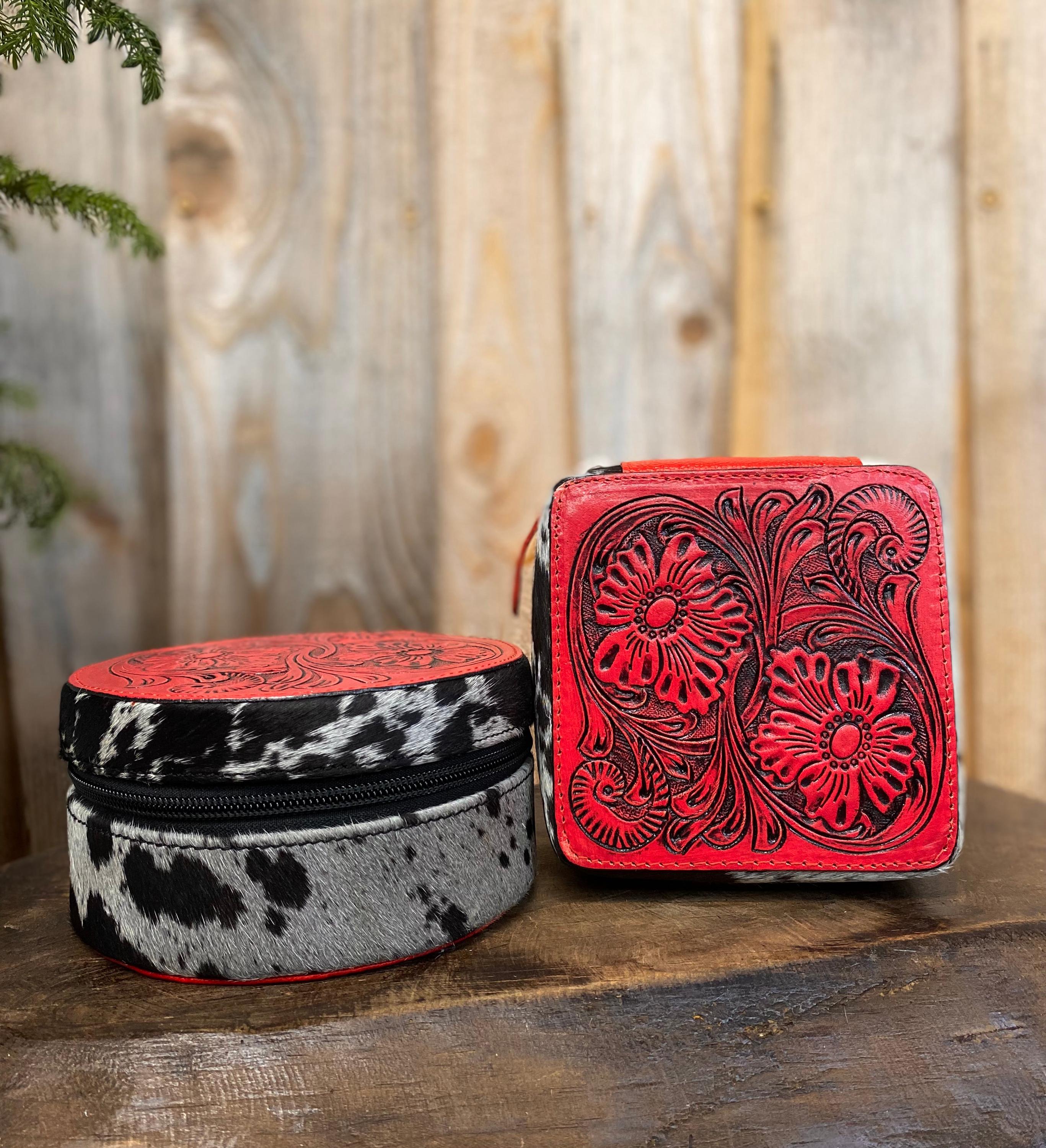 Tooled Leather Square Jewelry Box - Red with Cowhide Design