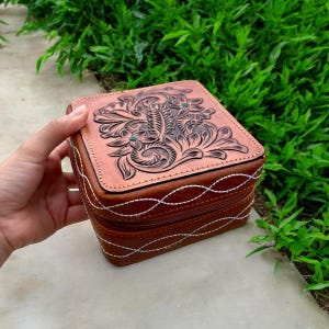 Tan punziert Leder Schmuckschatulle Western Style-echtes Leder