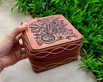 Tan Tooled Leather Jewelry Box  Western Style Genuine Leather