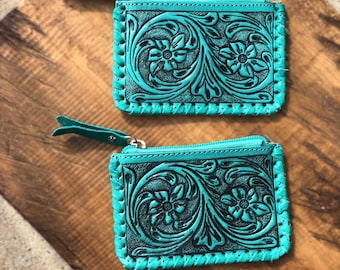 Unique Turquoise Floral Cowhide Leather Coin Pouch