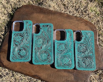 Unique Turquoise Tooled Leather Phone Case with Floral Pattern