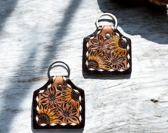 Sunflowers Cow Tooled Leather Keychains