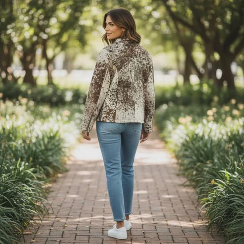 May include: A woman wearing a brown and cream-colored patterned jacket and light blue jeans walks on a brick pathway. The jacket has a zip-up front and long sleeves. White sneakers complete the outfit.