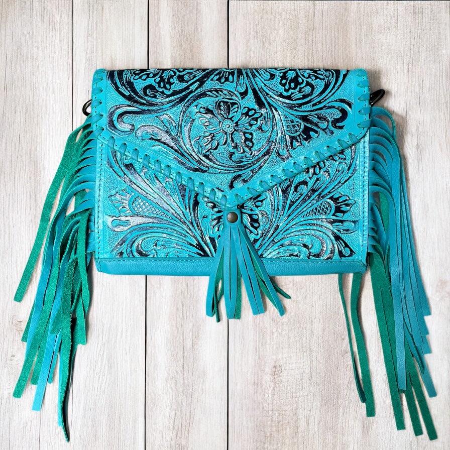 Turquoise Hand-Tooled Crossbody Bag