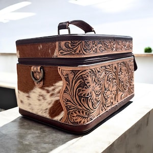 Brown Tooled Leather Cowhide Jewelry Box - Handcrafted Western Jewelry Storage