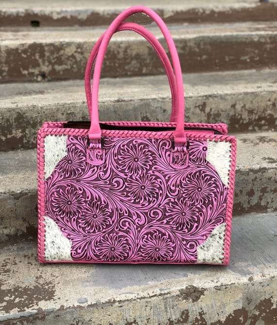 Unique Tooled Leather Purse With Pink Cowhide and Western Charm