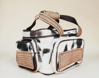 Bolsa de almuerzo estilo rodeo con tejido de cesta - Bolsa de almuerzo de cuero de vaca estilo western
