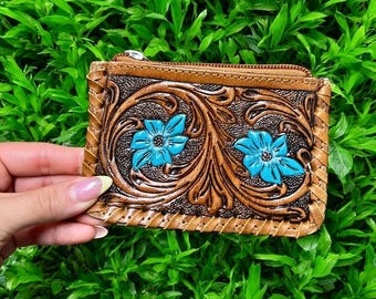 Blue Blossom Tooled Leather Cowhide Coin Pouch