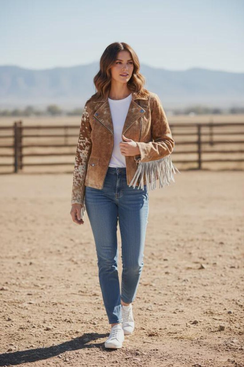 May include: A woman wearing a brown suede jacket with cowhide print sleeves and fringe detailing. She is wearing a white t-shirt, blue jeans, and white sneakers. The background features a wooden fence and mountains.