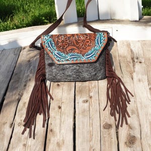 Cowhide Crossbody Bag with Tooled Leather and Turquoise Accents