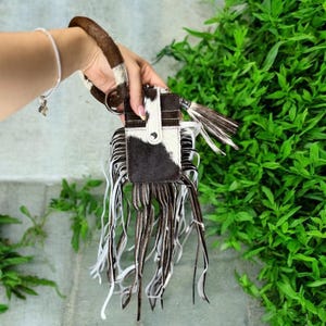 Porte-cartes à franges en cuir de vachette marron - Cuir véritable