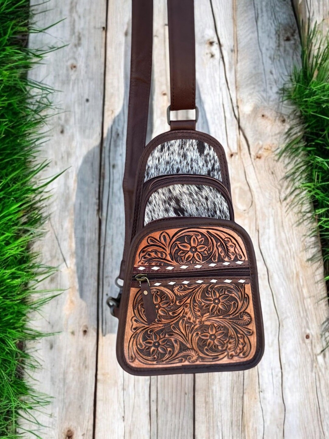 Tilly tooled hide sling bag