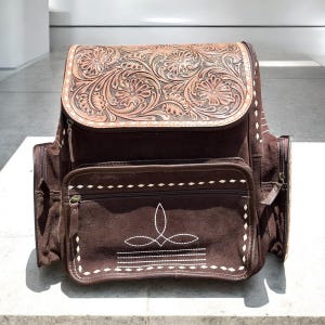 Brown Bootstitch Tooled Leather Suede Backpack - Earthy Western Charm