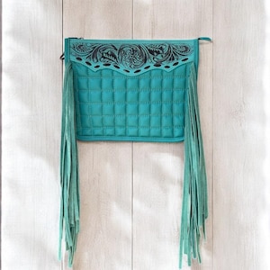 Turquoise Tooled Leather Fringe Crossbody Bag - Southwestern Style