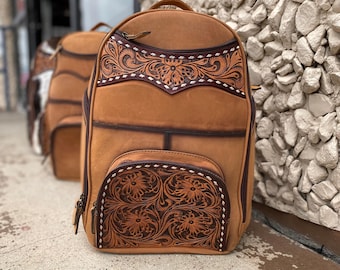 Burn Leather Tooled Backpack: Ruggedly Refined with Intricate Details