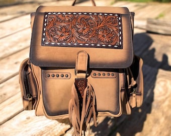 Burn Tooled Leather Fringe Backpack
