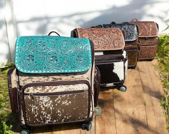 Turquoise Tooled Leather Cowhide Rolling Backpack