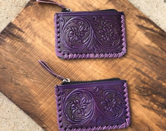 Unique Violet Floral Cowhide Leather Coin Pouch