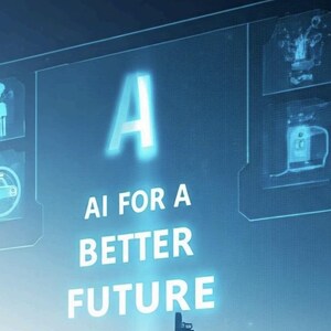 Może przedstawiać: Cyfrowy obraz futurystycznego miasta z tekstem "A AI FOR A BETTER FUTURE" w jasnoniebieskiej czcionce. Obraz ma cyfrową nakładkę z ilustracjami technologii i robota. Ogólna kolorystyka to niebieski i biały.