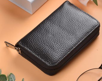 Genuine Leather Credit Card Holder Zipper Wallet With 26 Card Slots Small