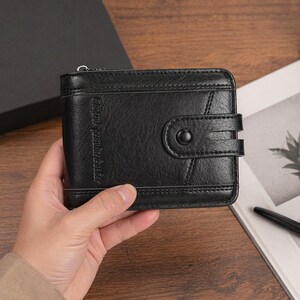 Men's Leather Wallet Bifold Front Pocket Wallet Zipper Snap Closure Slim Minimalist Compact Card Holder Gift for Him