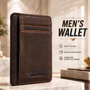 May include: A dark brown leather wallet featuring multiple card slots and the embossed brand name Travelambo at the bottom. Text on the right side reads MEN'S WALLET, BUILT TO LAST, SLIM & FUNCTIONAL, and MADE FOR EVERY OCCASION with icons.