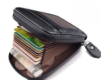 Men's Leather RFID Blocking Zipper Card Holder Wallet, 11 Card Slots