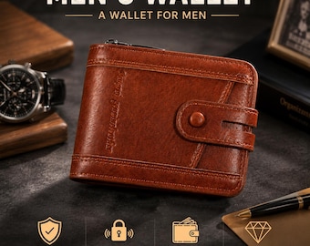 Men's Brown Leather Wallet Slim Bifold With Zipper Card Holder Front Pocket Minimalist Gift For Him