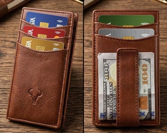 Slim Genuine Leather Magnetic Wallet – Front Pocket Money Clip, RFID Blocking, 12 Cards