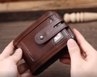 Men's Genuine Leather Zipper Wallet – Vintage Bifold, 14 Card Slots, RFID Blocking (Coffee Brown)