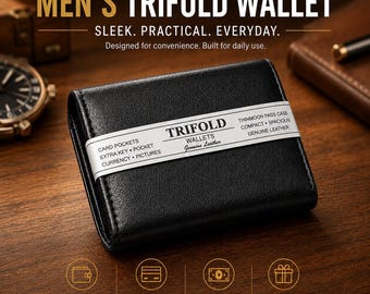 Men's Black Trifold Wallet, Leather Card Holder, Credit Card Case, Front Pocket, Slim Design, Gift for Him