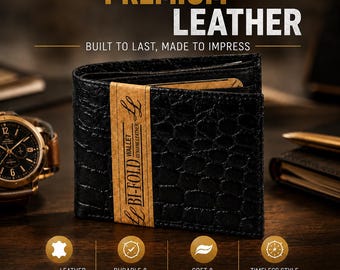 Men's Bifold Leather Wallet, ID Window, Credit Card Holder, Slim Design, Gift for Him
