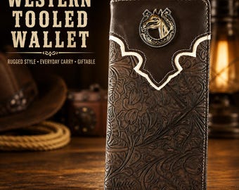 Western Wallet for Men, Horse Bifold Checkbook Wallet, Horseshoe Detail, Cowboy Inspired Rustic Design