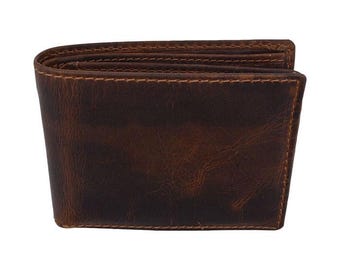 RFID Blocking Brown Vintage Leather Men's Bifold Center Flap Wallet