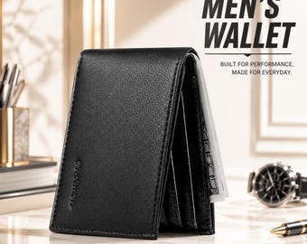 Slim Bifold Wallet, Business ID Window Card Holder, Front Pocket Leather Wallet, Gift for Him