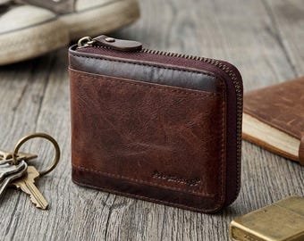 Leather Bifold Wallet for Men – Zipper Pocket Slim Card Holder, Minimalist Everyday, Gift Him