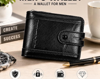 Men's Leather Wallet Bifold Front Pocket Wallet Zipper Snap Closure Slim Minimalist Compact Card Holder Gift for Him