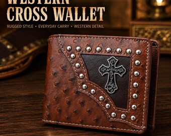 Men's Western Bifold Wallet, Cowboy Inspired Cross Design, Card Holder, Rustic Style, Everyday Carry