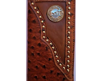 Western Cowboy Bifold Wallet – Embossed Cross, Rustic Leather, Long Checkbook Style