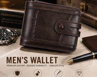 Dark Brown Leather Wallet Men Slim Small Zip Around Wallet With Coin Pocket Minimalist Gift For Him