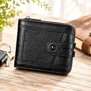 May include: Black leather wallet with a zipper closure and snap button clasp. The wallet has a textured surface and stitched detailing. A small plant, keys, and a book are in the background.