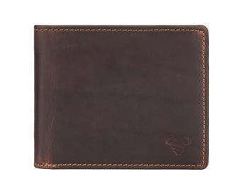 May include: A brown leather wallet with a stitched border. The wallet has a small embossed logo in the lower right corner. The leather has a distressed appearance.