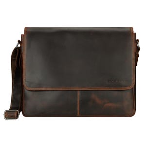 May include: A dark brown leather messenger bag with a large front flap, visible contrast stitching, and an adjustable shoulder strap. The text MINORI LEATHER is embossed on the lower right corner of the flap. The bag features a smooth finish.