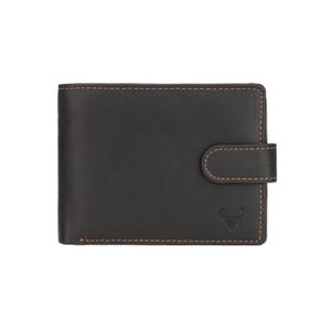 May include: A black leather wallet with a snap closure. The wallet has brown stitching around the edges and a small embossed bull logo on the lower right corner. The wallet is rectangular and closed.