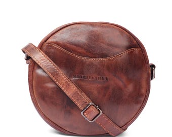 Round Full Grain Leather Crossbody Bag | Chestnut Shoulder | Luna by Minori
