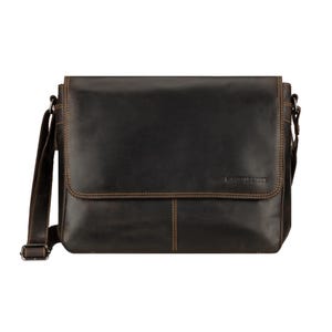 May include: A dark brown messenger bag with a fold-over flap, featuring visible contrast stitching and an adjustable shoulder strap. The text MINO LEATHER is embossed on the lower right corner of the front flap, which has a rectangular shape.