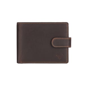 May include: A brown leather wallet with a snap closure. The wallet has a stitched border and a small embossed logo on the front. The wallet is rectangular and appears to be new.