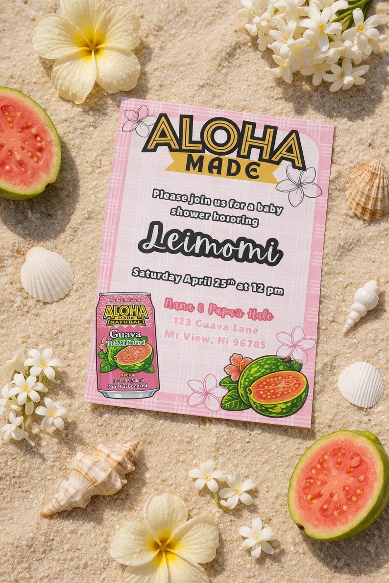 Editable Pink Palaka Baby Shower Invitation, Hawaiian Guava Nectar ...